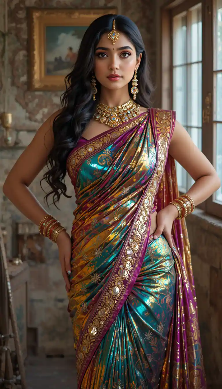 Donna indiana in sari a specchio lucido in posa a figura intera