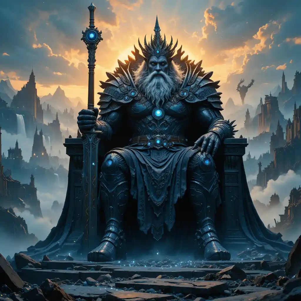 Ancient titan on a shattered mountain throne above ruins