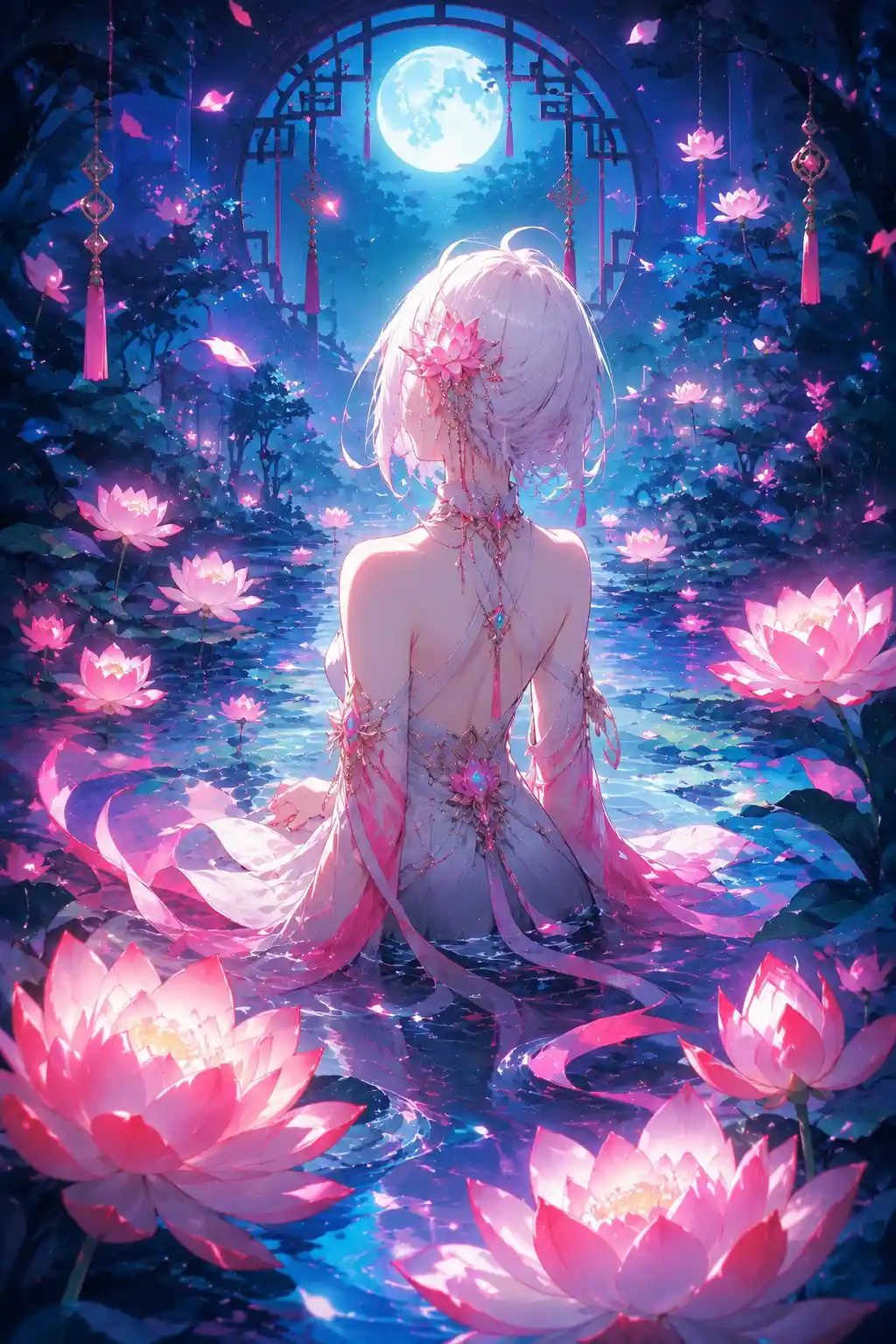 Ragazza anime dai capelli bianchi in uno stagno di fiori di loto illuminato dalla luna