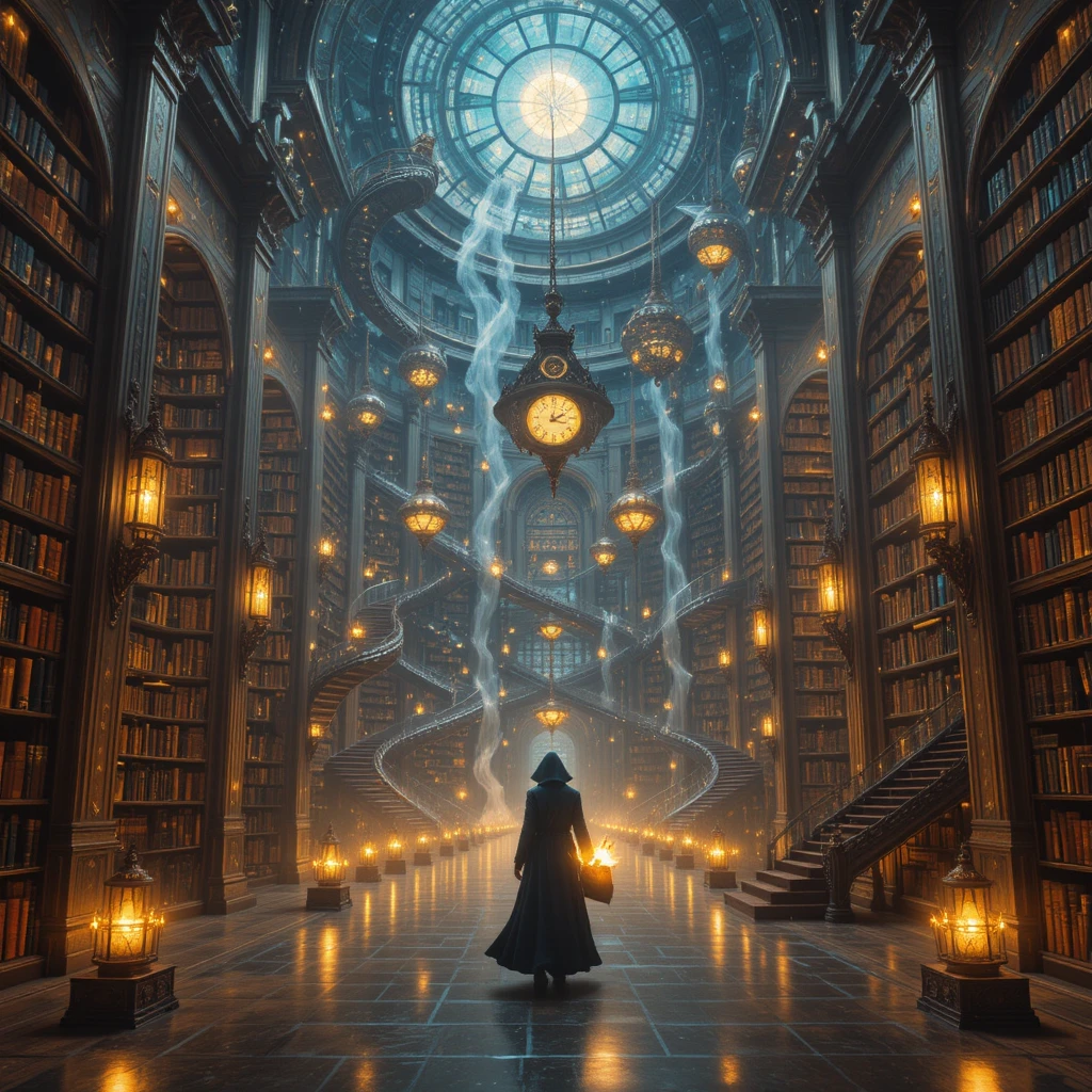 Biblioteca de fantasía infinita con libros brillantes y escaleras
