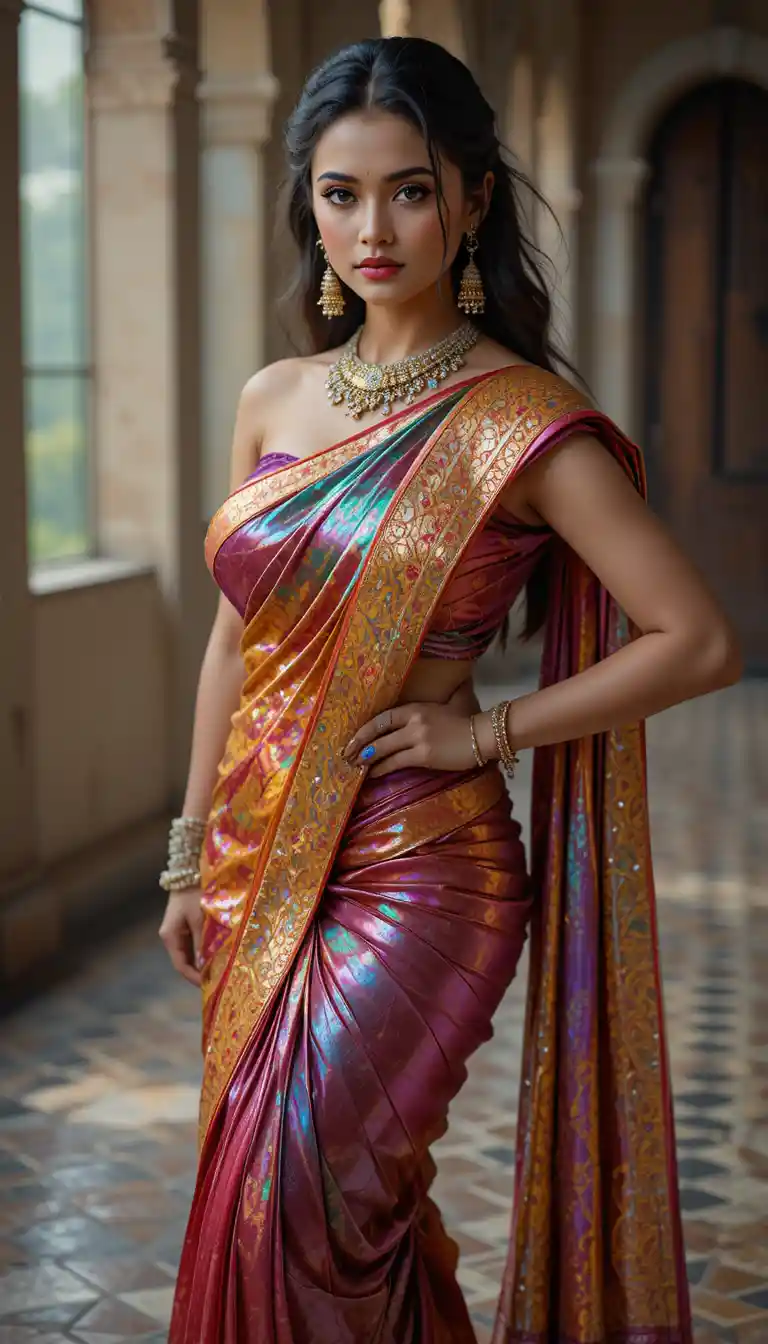 Tamil woman in glossy mirror saree bending in full body pose