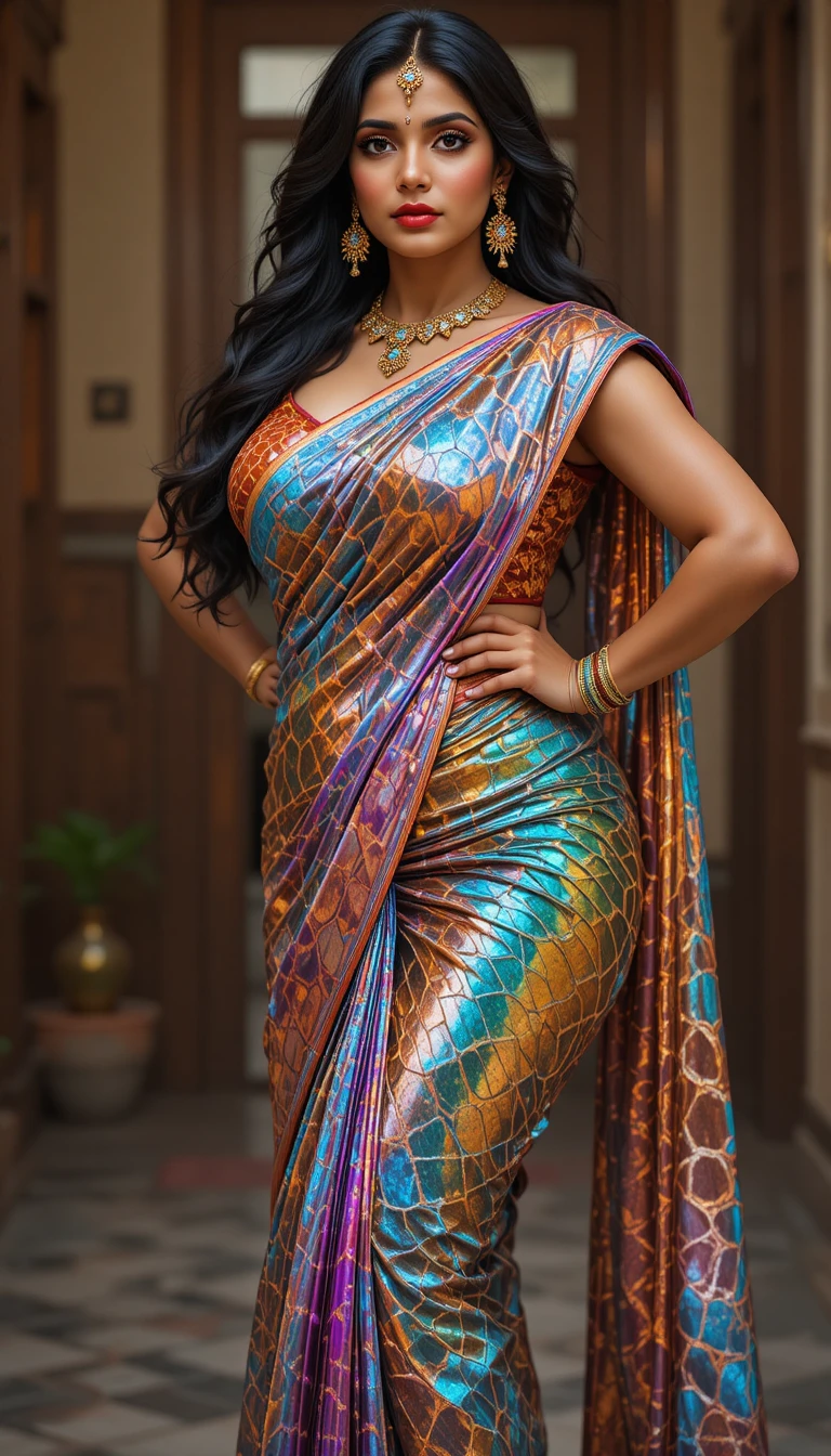 Mujer india glamurosa con sari reflectante inclinándose de la cintura
