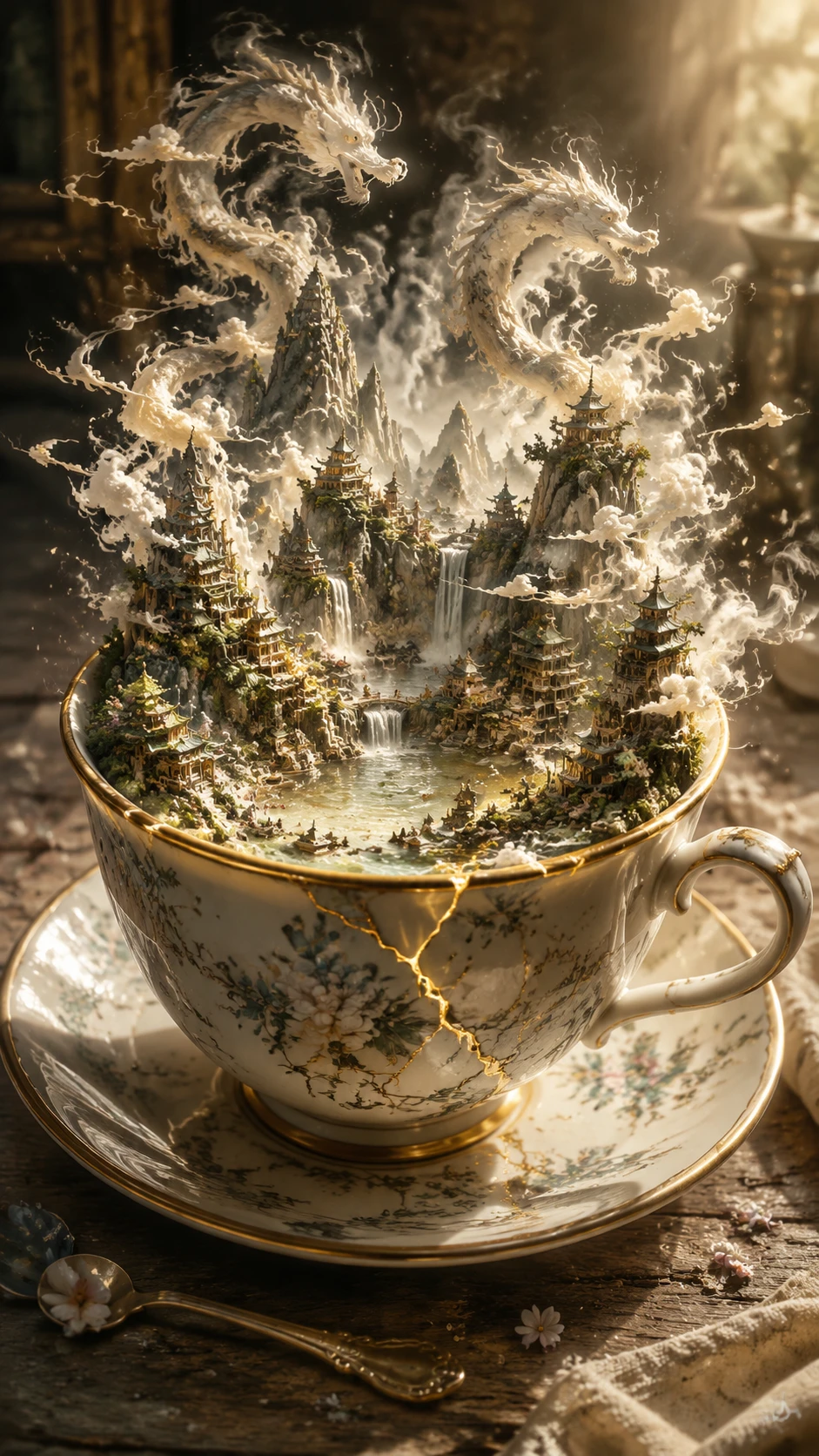 Taza de porcelana con un diminuto reino de montaña