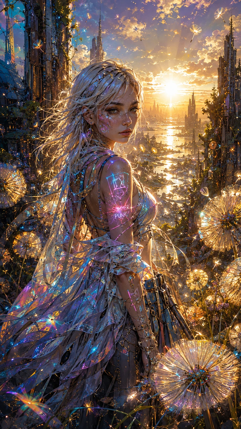 Mujer de cabello platino en un paisaje urbano veraniego surrealista