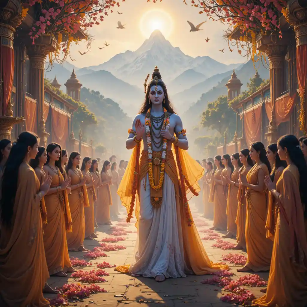 Procesión nupcial divina de Parvati acercándose al Señor Shiva