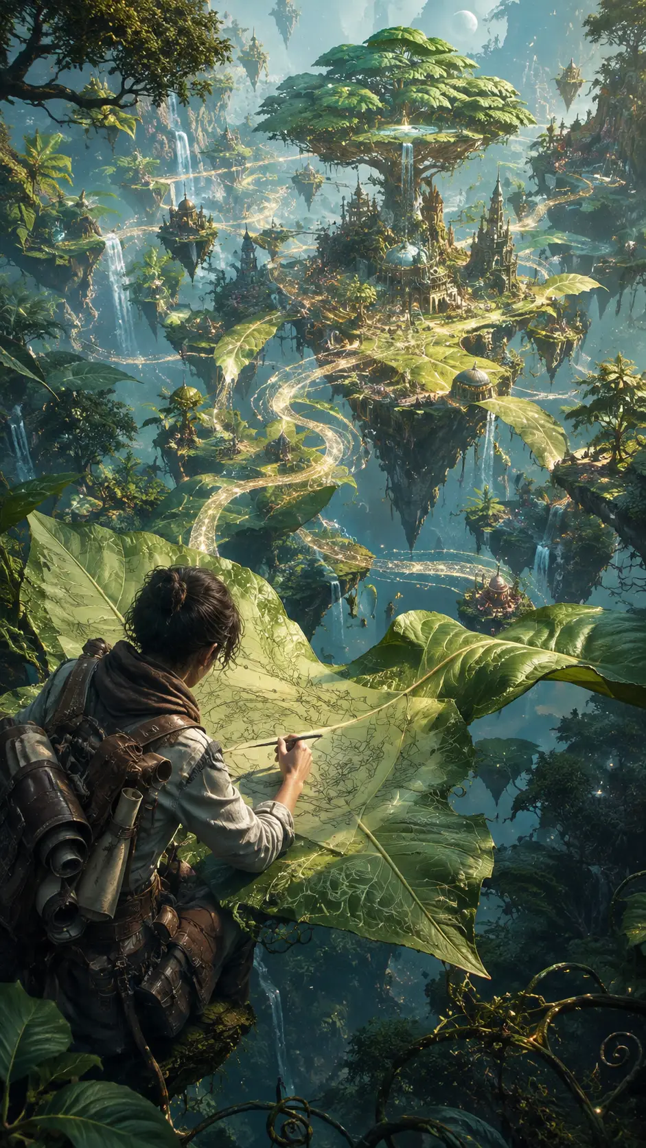 Esploratore che trasforma vaste foglie viventi in mondi fluttuanti