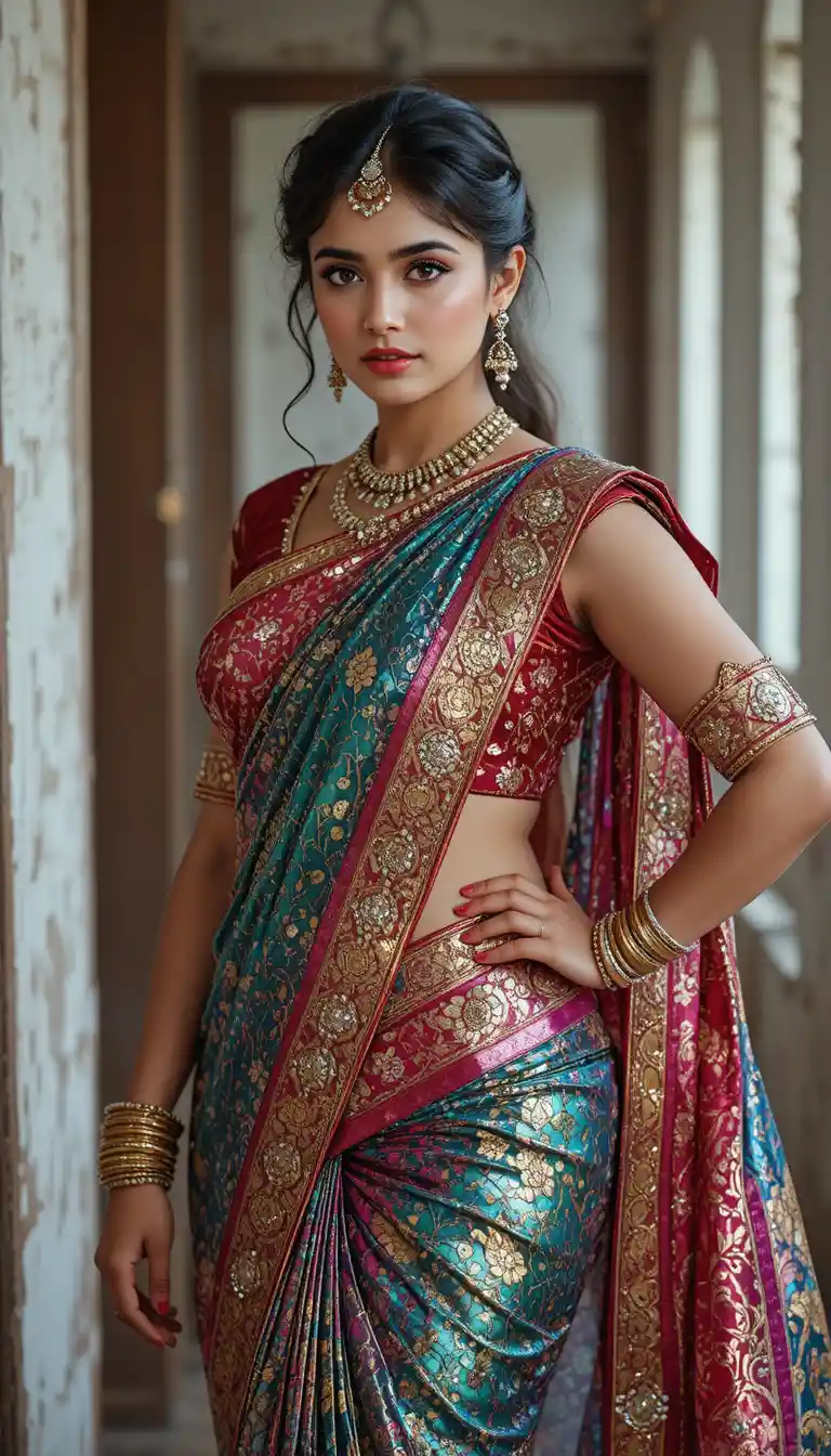 Tamil woman in glossy mirror saree bending in full pose