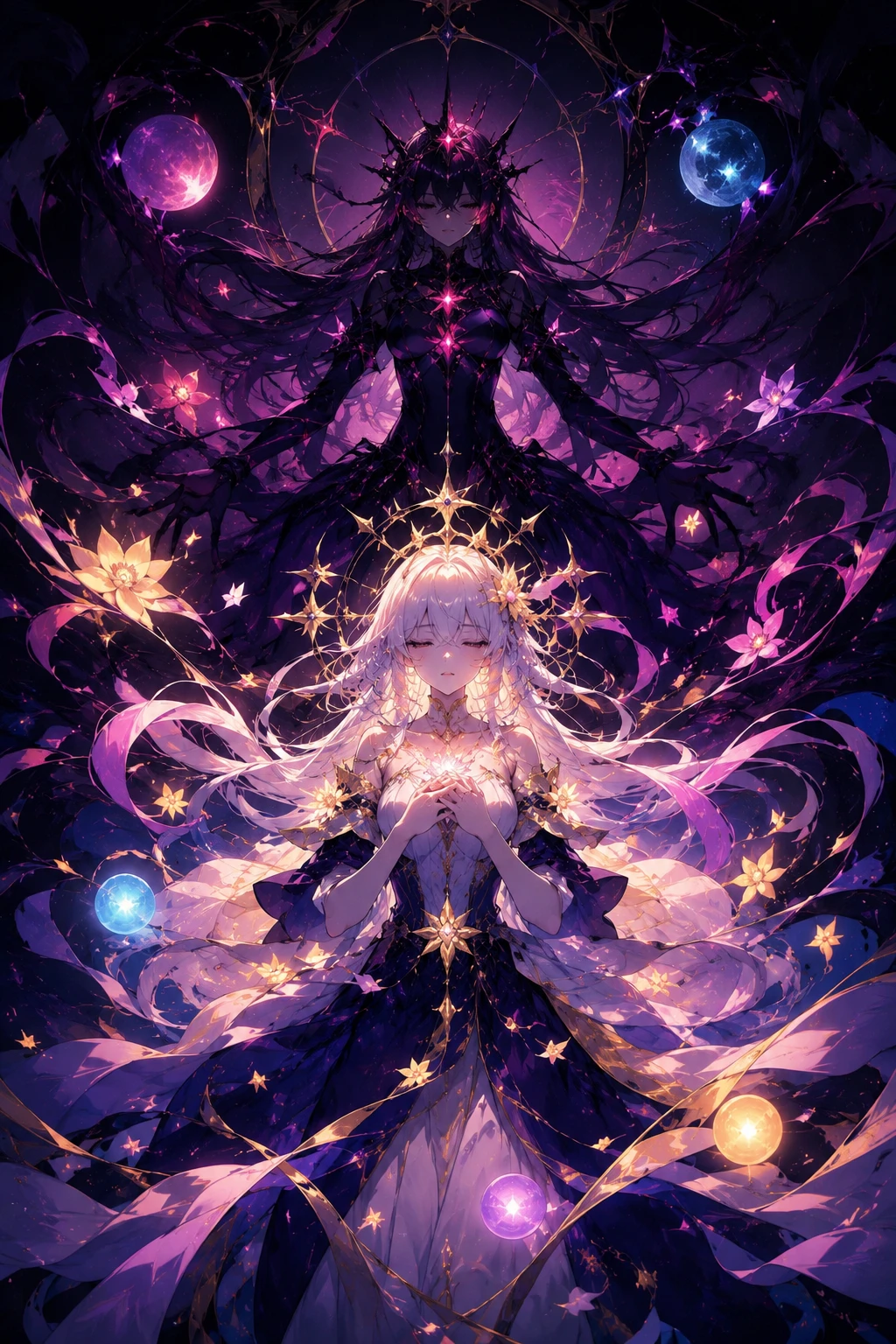 Dunkle Fantasy-Animefrau im Spiel von symbolischem Schatten und Licht