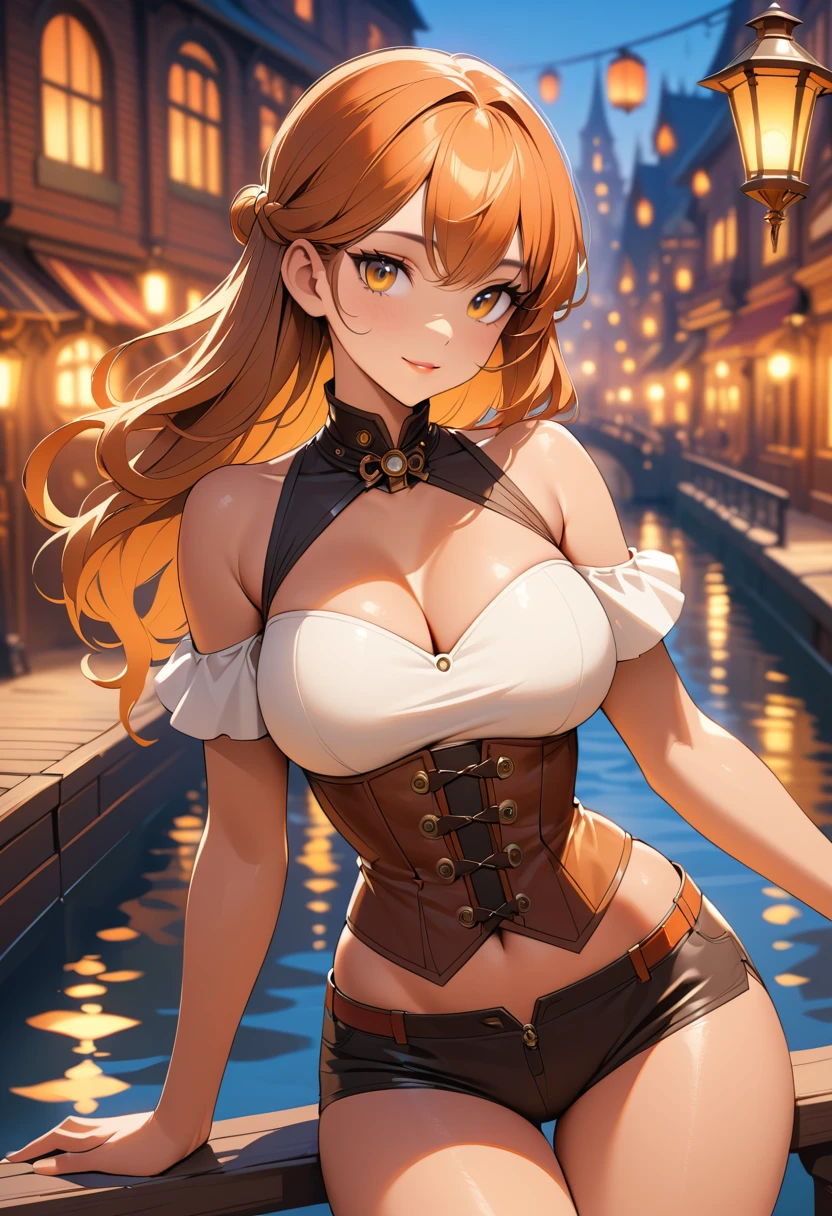 Mujer steampunk de cabello naranja junto a linternas junto al río