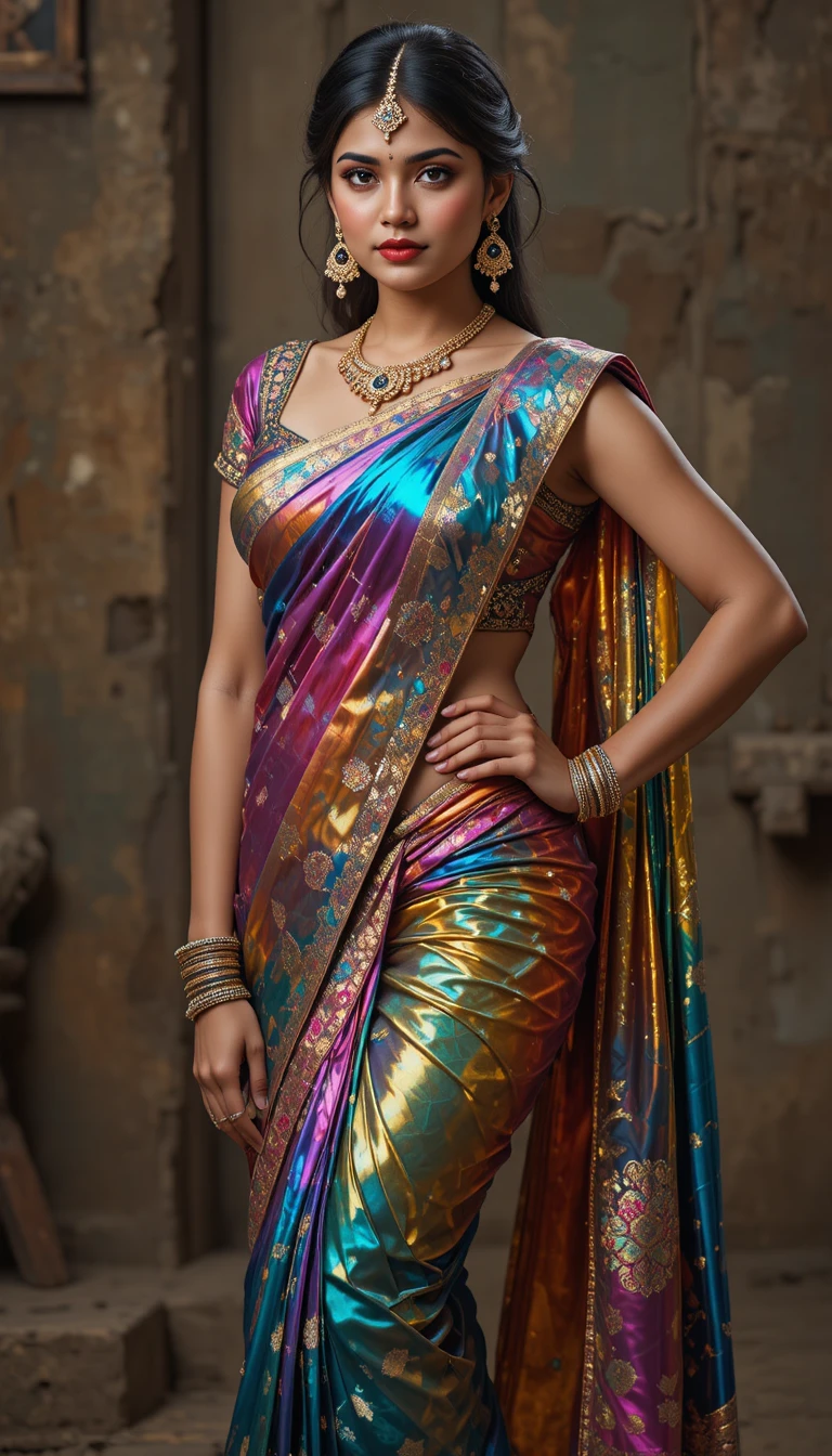 Mujer tamil con sari espejo brillante inclinada en pose completa
