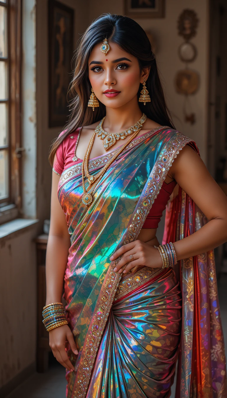 Indian woman in glossy mirror saree full body fashion pose