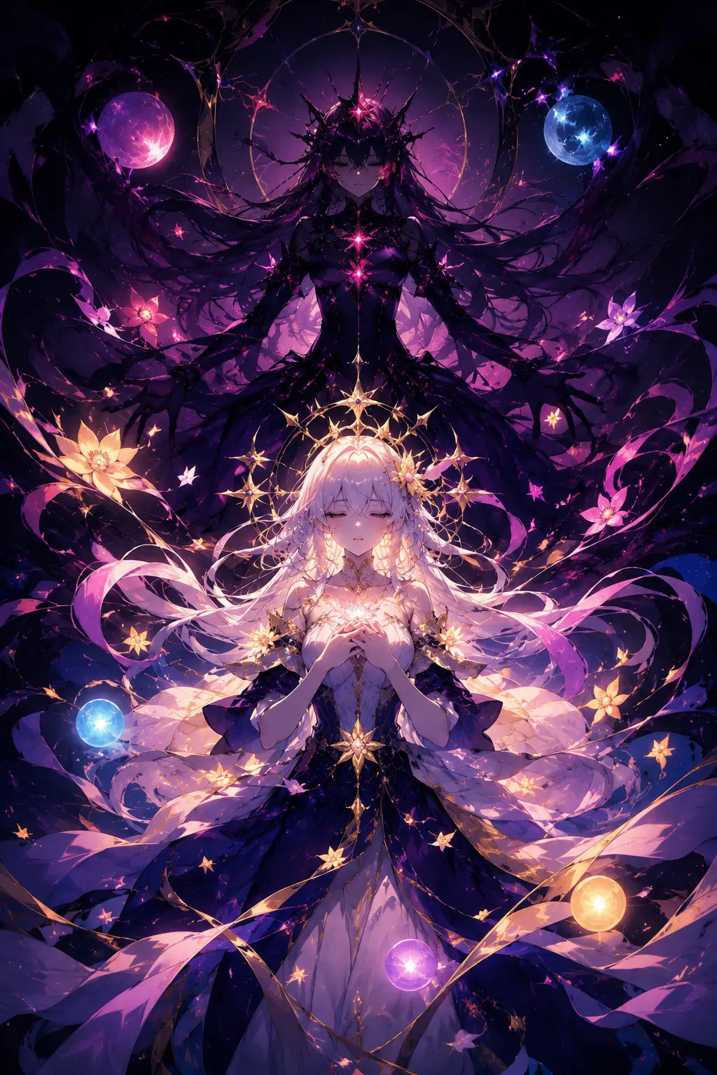 Dunkle Fantasy-Animefrau im Spiel von symbolischem Schatten und Licht