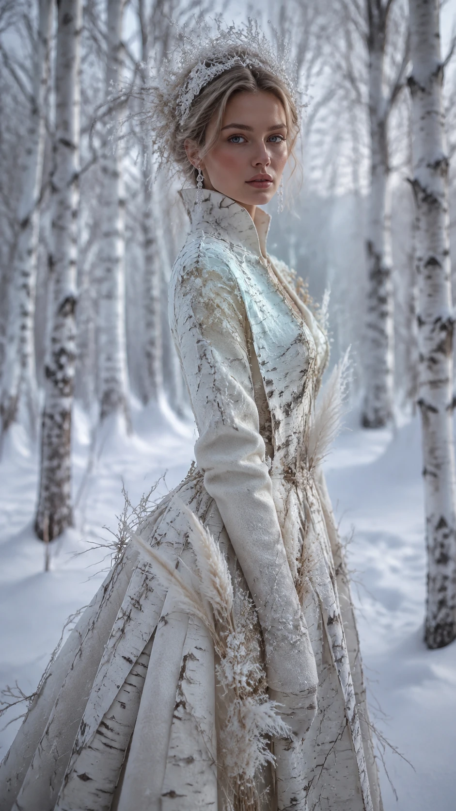 Mujer con vestido de alta costura en un bosque nevado de abedules