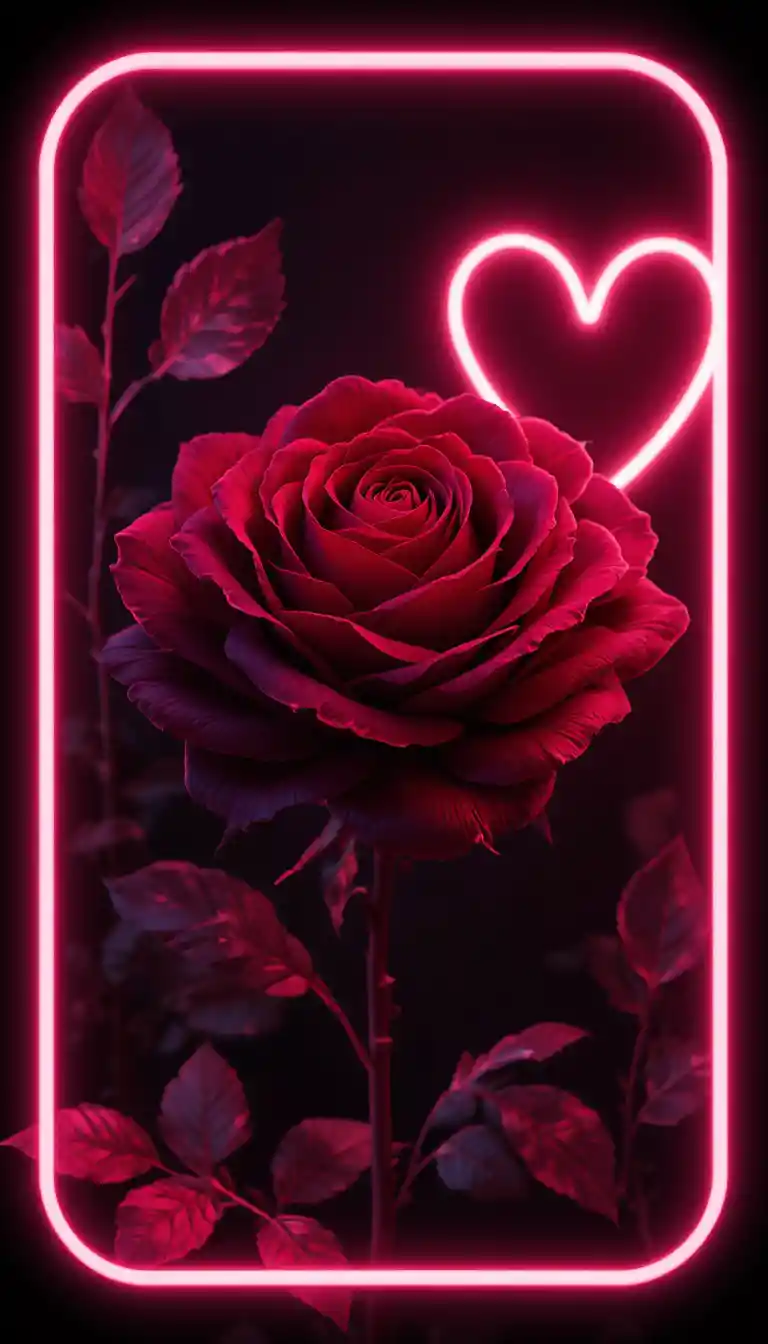 Rosa neón romántica con corazón brillante sobre fondo negro
