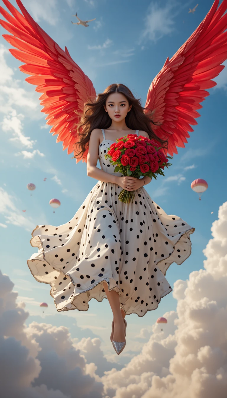 Chica con alas de ángel rojas volando por un cielo azul