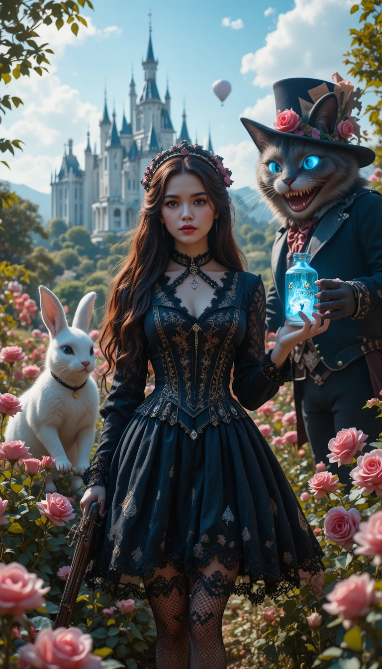 Chica de fantasía gótica con conejo guardián en un jardín de rosas