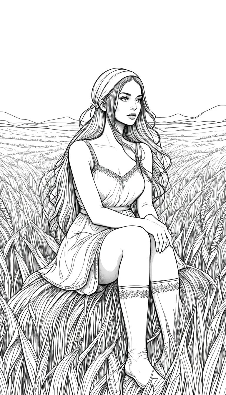 Young woman in wheat field line art illustration