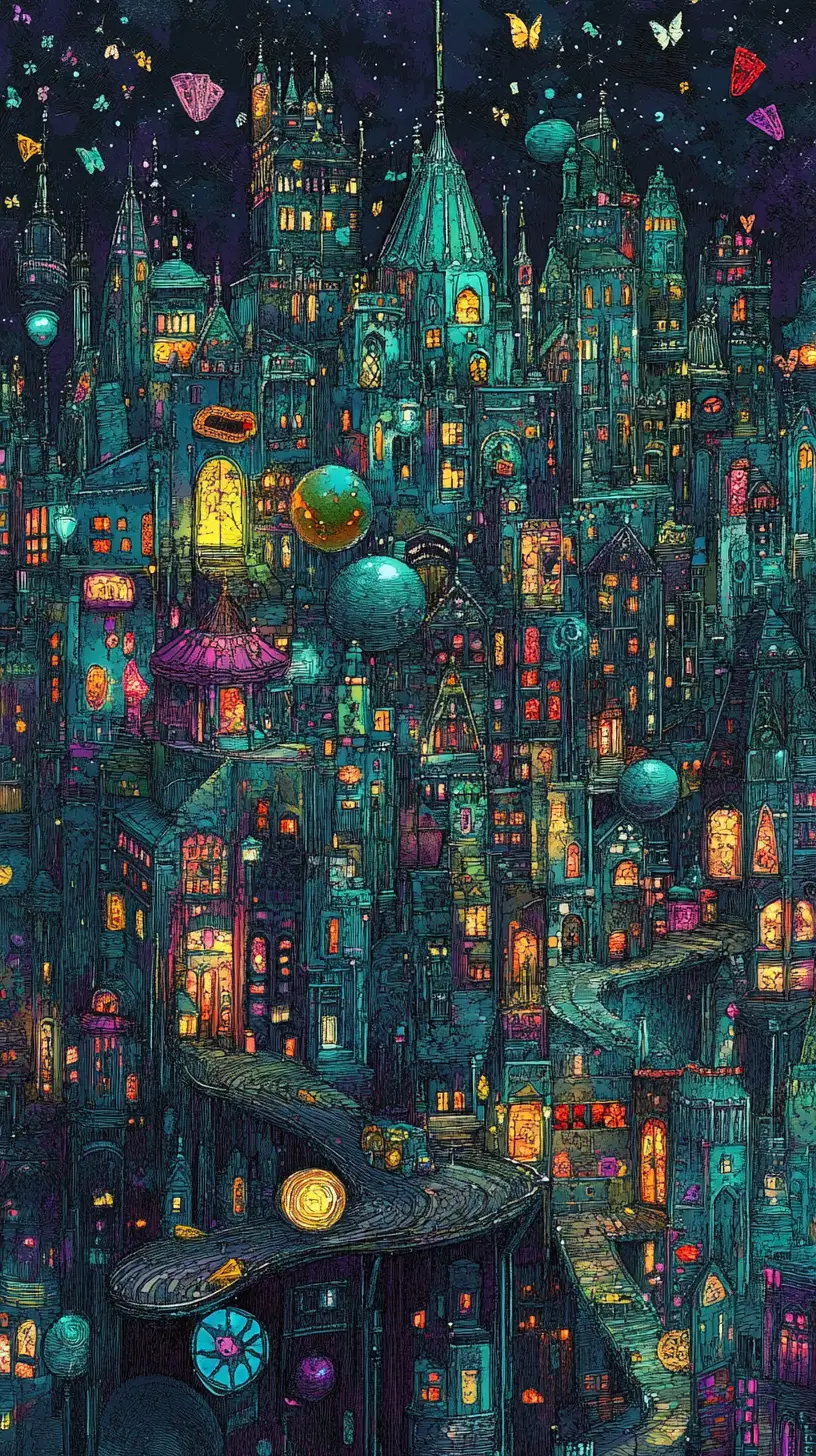 Ciudad Surrealista y Fantasiosa con Calles en Bucle y Torres en Forma de Sombrero de Copa