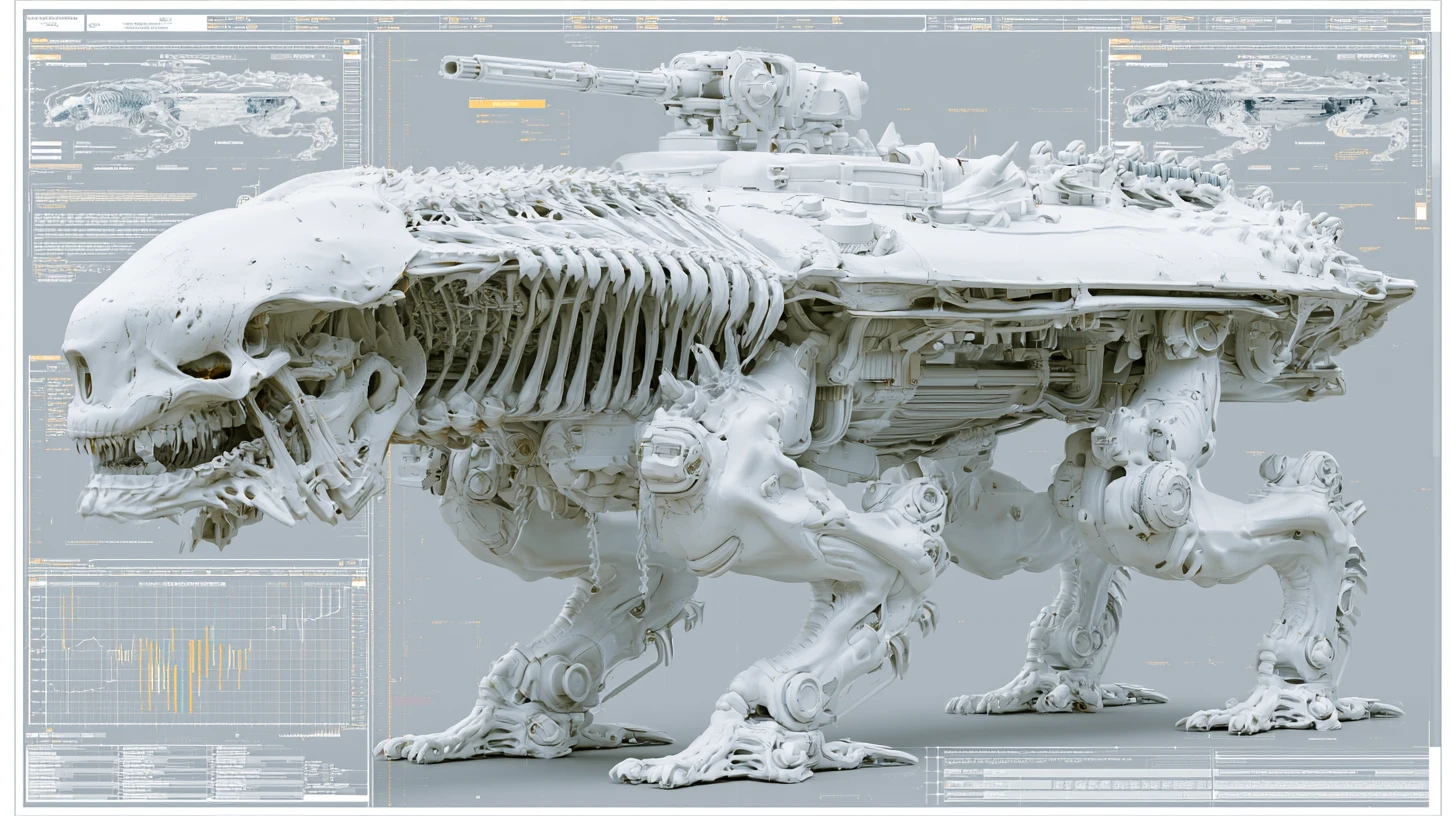 Alien exoskeleton battle mech with skull front and cannon