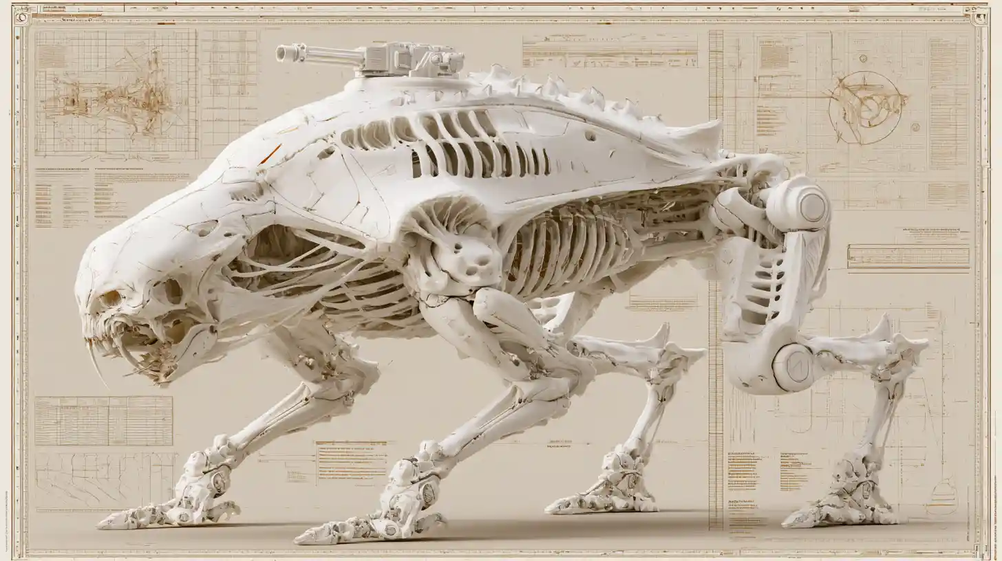 Alien exoskeleton battle mech in technical 3d diagram