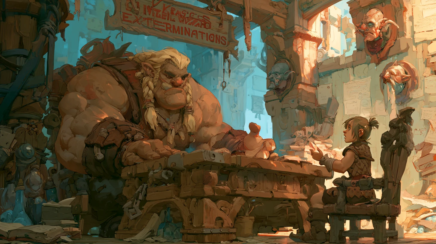 Muscular barbarian at desk hearing evil wizard troubles
