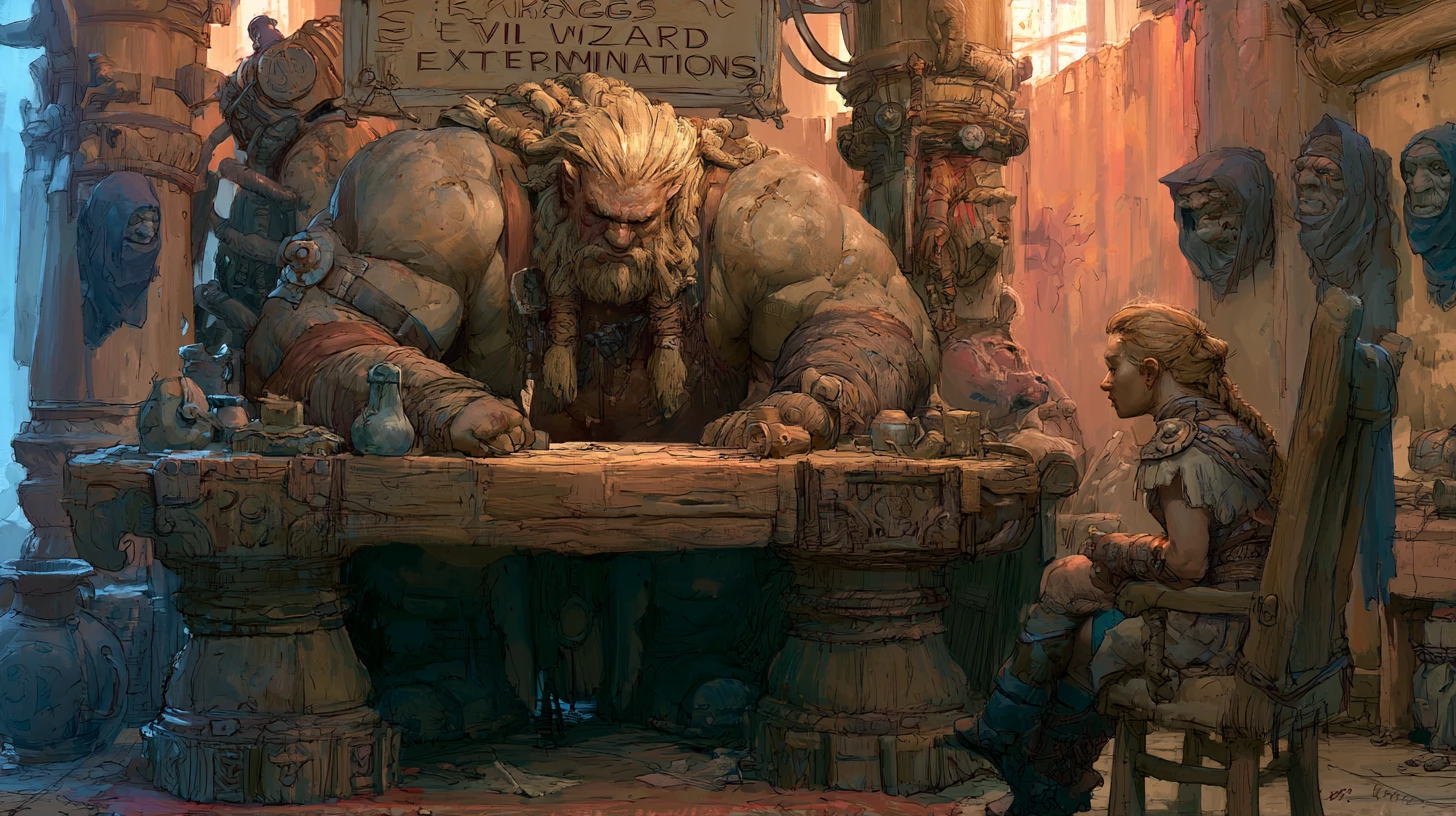 Muscular barbarian at a fantasy office desk with client