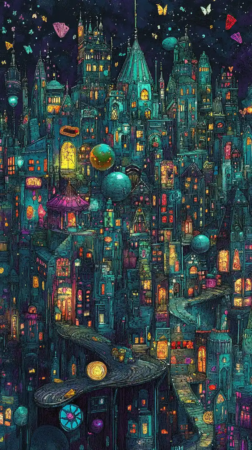 Ciudad Surrealista y Fantasiosa con Calles en Bucle y Torres en Forma de Sombrero de Copa