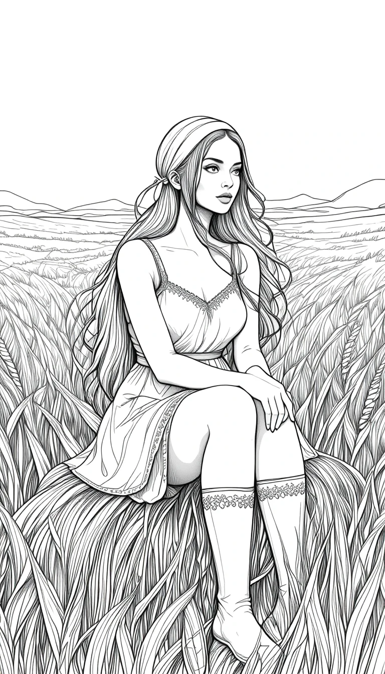 Ilustración lineal de joven en campo de trigo