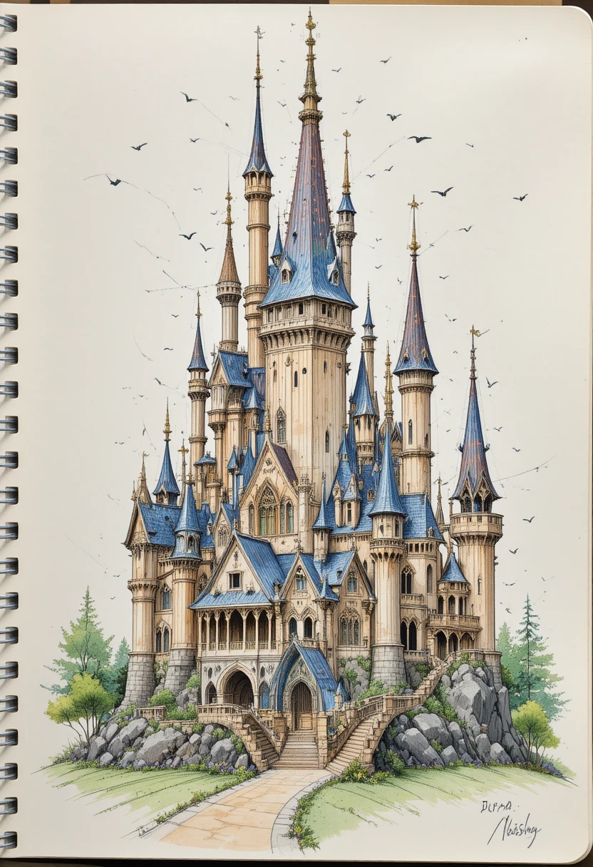 Boceto de castillo de fantasía en el cuaderno de un artista con notas