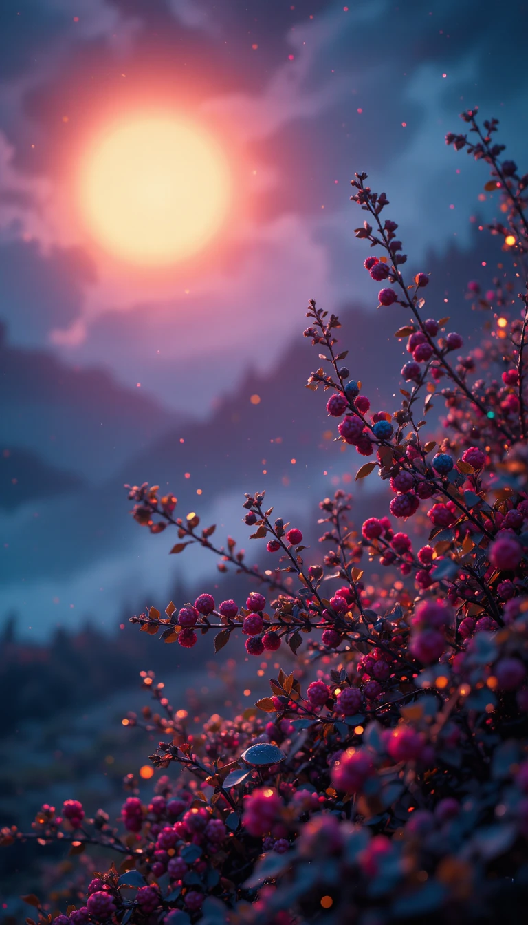Glowing luminescent dots with abstract sun and barberry bush
