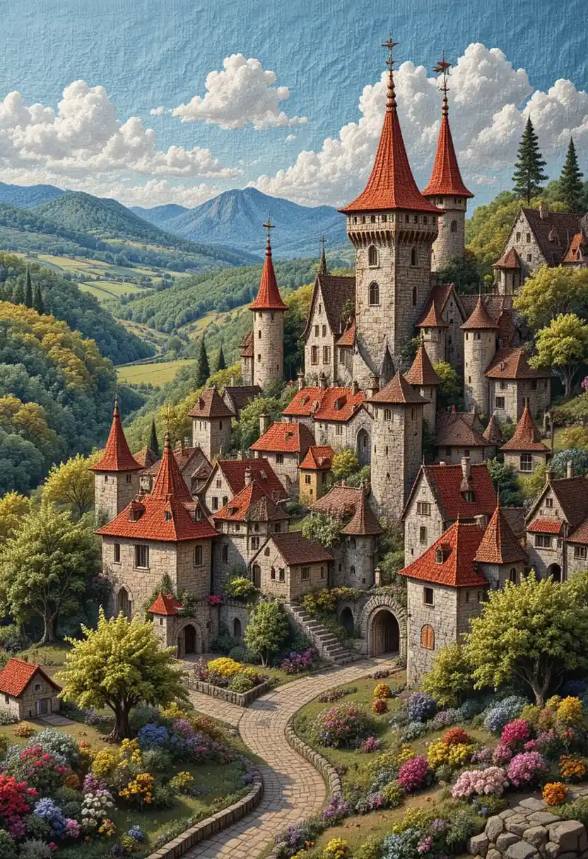 Vila medieval colorida criada como bordado detalhado