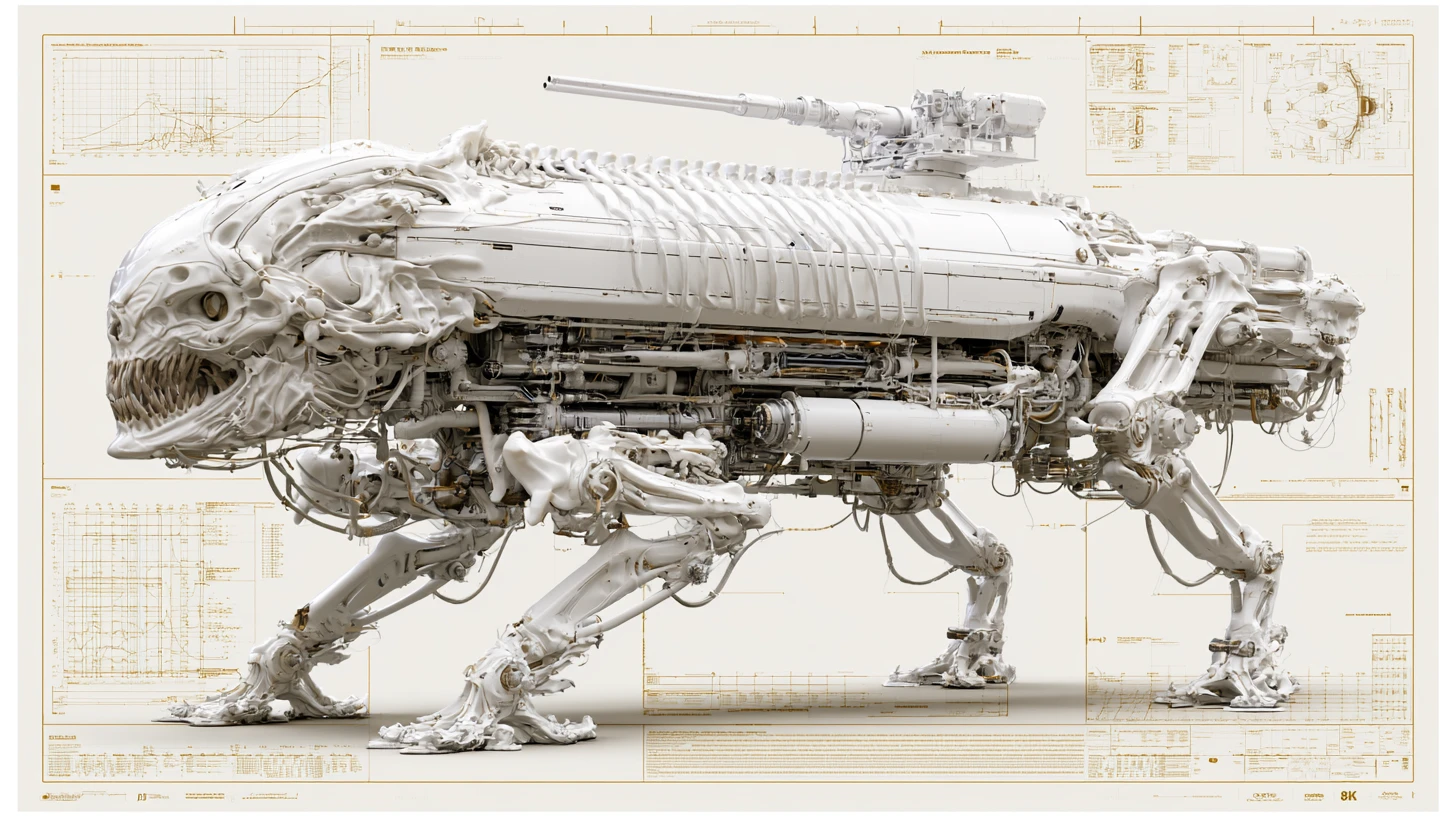 Organic alien battle walker with 3d technical schematics