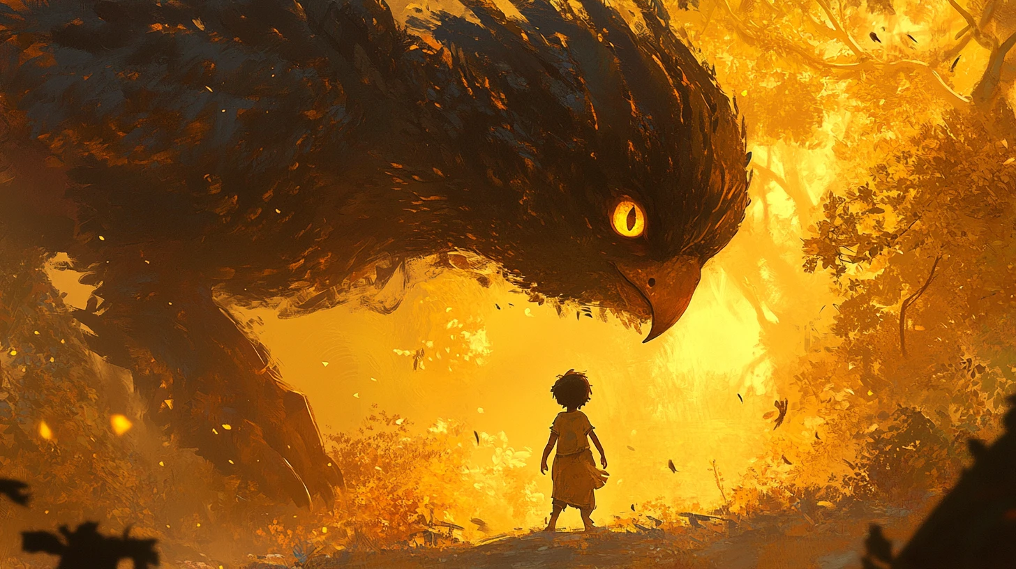 輝く魔法エフェクトをまとったファンタジーヒーローのダイナミックなポーズ