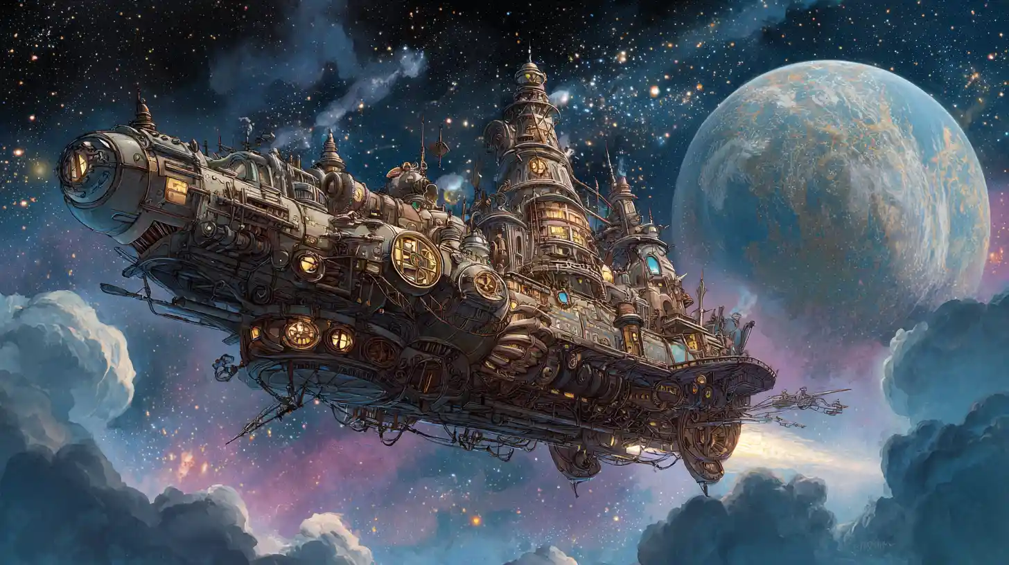 Steampunk spaceship and cosmic witch crossing a star filled galaxy