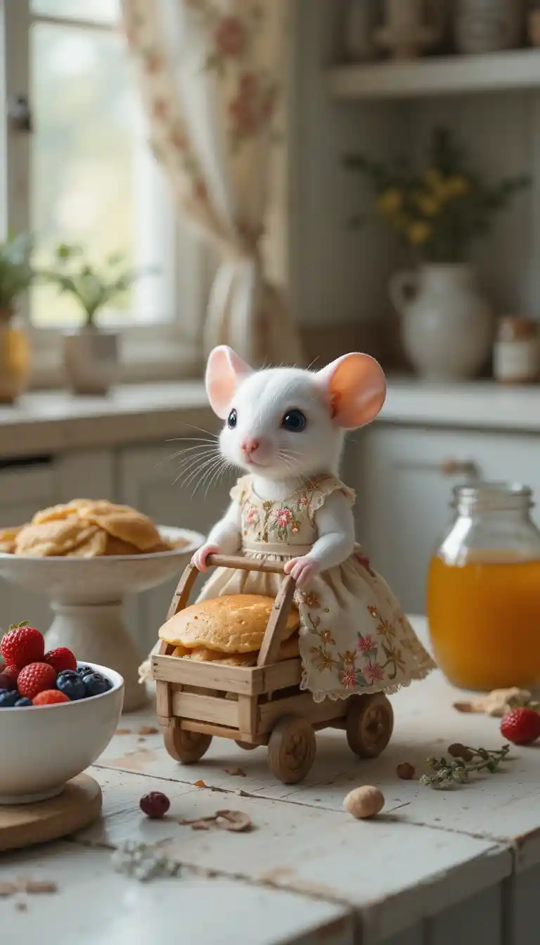 Pequeño ratón blanco tirando de un carrito de panqueques