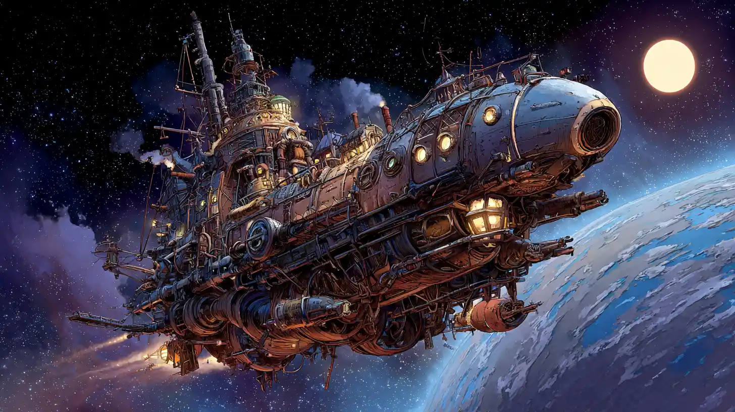Steampunk spaceship guided by a cosmic witch in galaxy