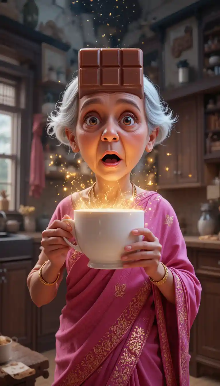Schockierte Großmutter, als die Teetasse sich in eine riesige Schokoladentafel verwandelt