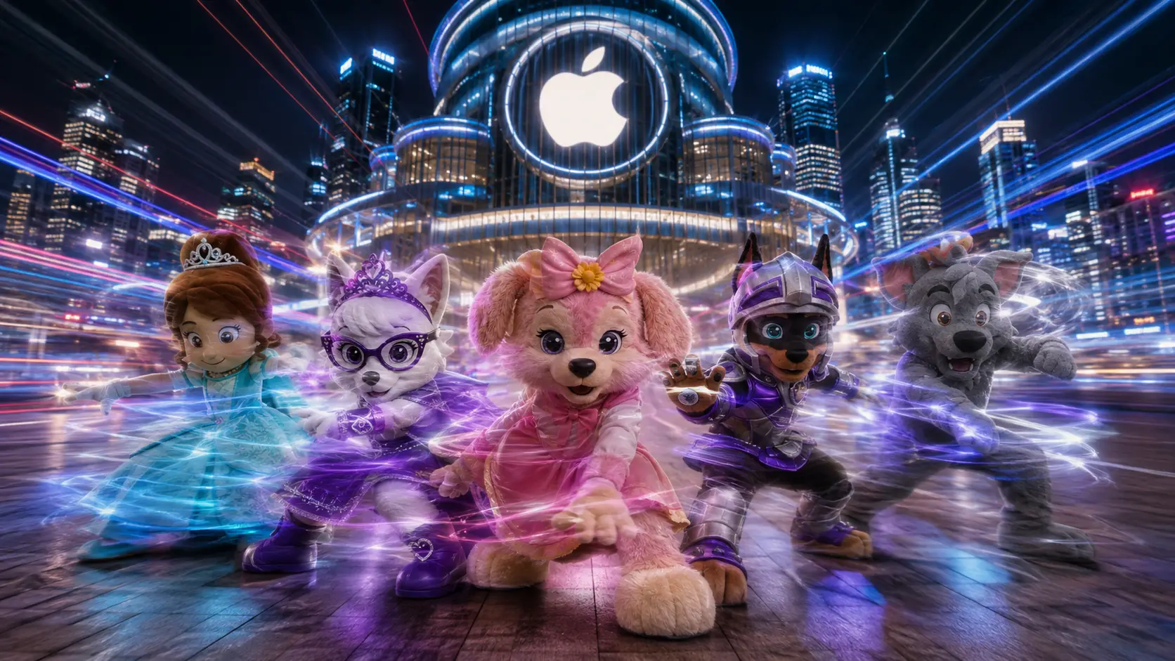 Five mascots posing like superheroes in a fantasy city