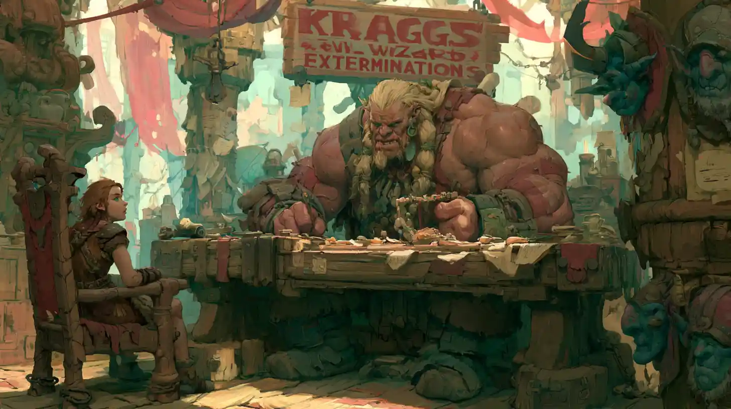Barbarian warrior at a fantasy desk in a wizard office
