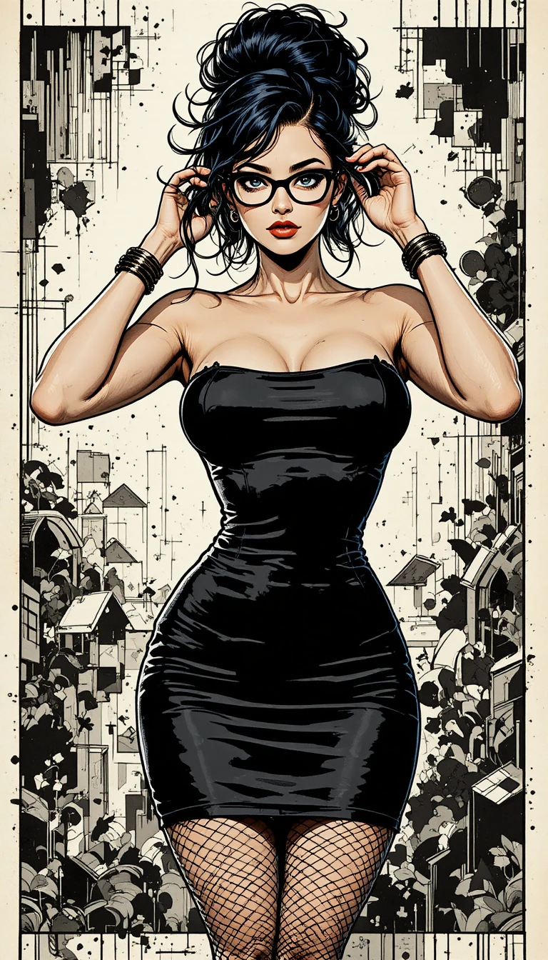 Mujer elegante con vestido negro en una audaz escena de cómic