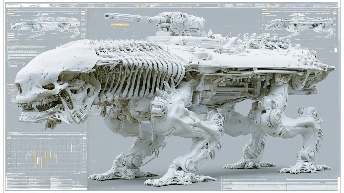 Alien exoskeleton battle mech with skull front and cannon