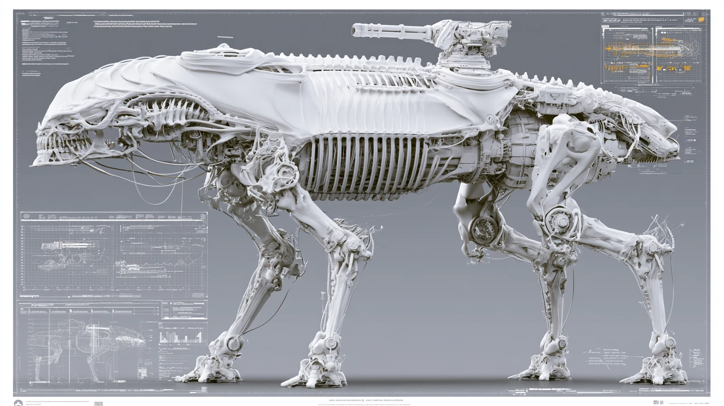 Alien exoskeleton battle mech with integrated skull and cannon