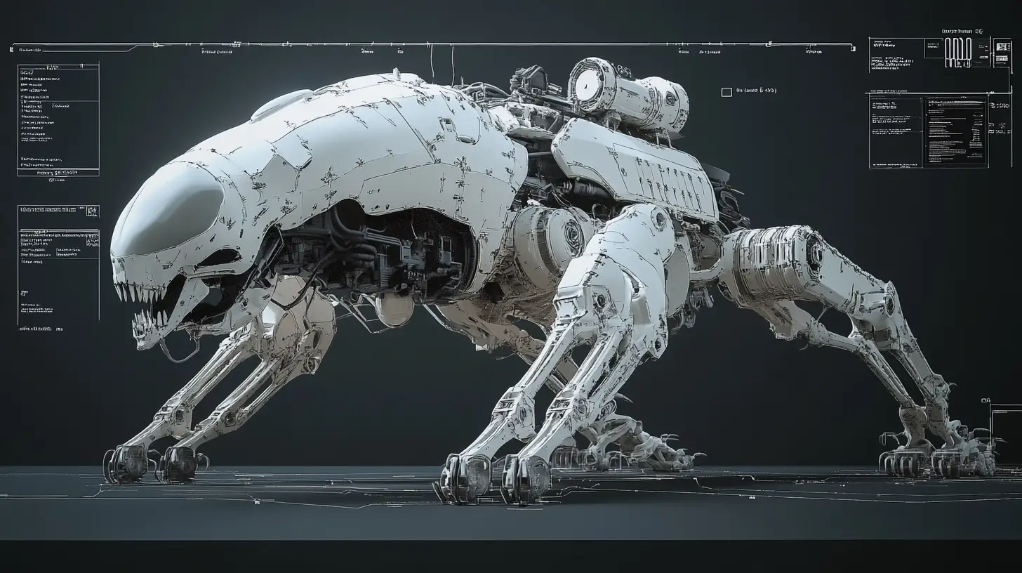 Alien exoskeleton battle mech with skull front and cannon