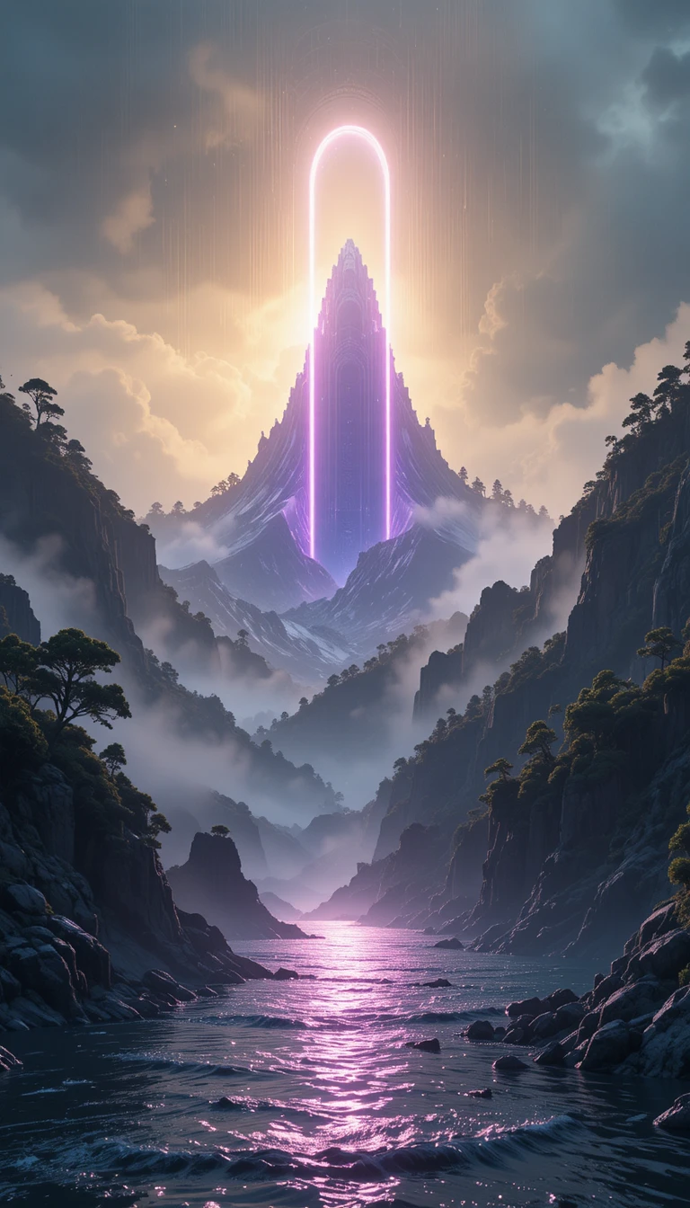 Montañas surreales con bosque y estación espacial elevándose