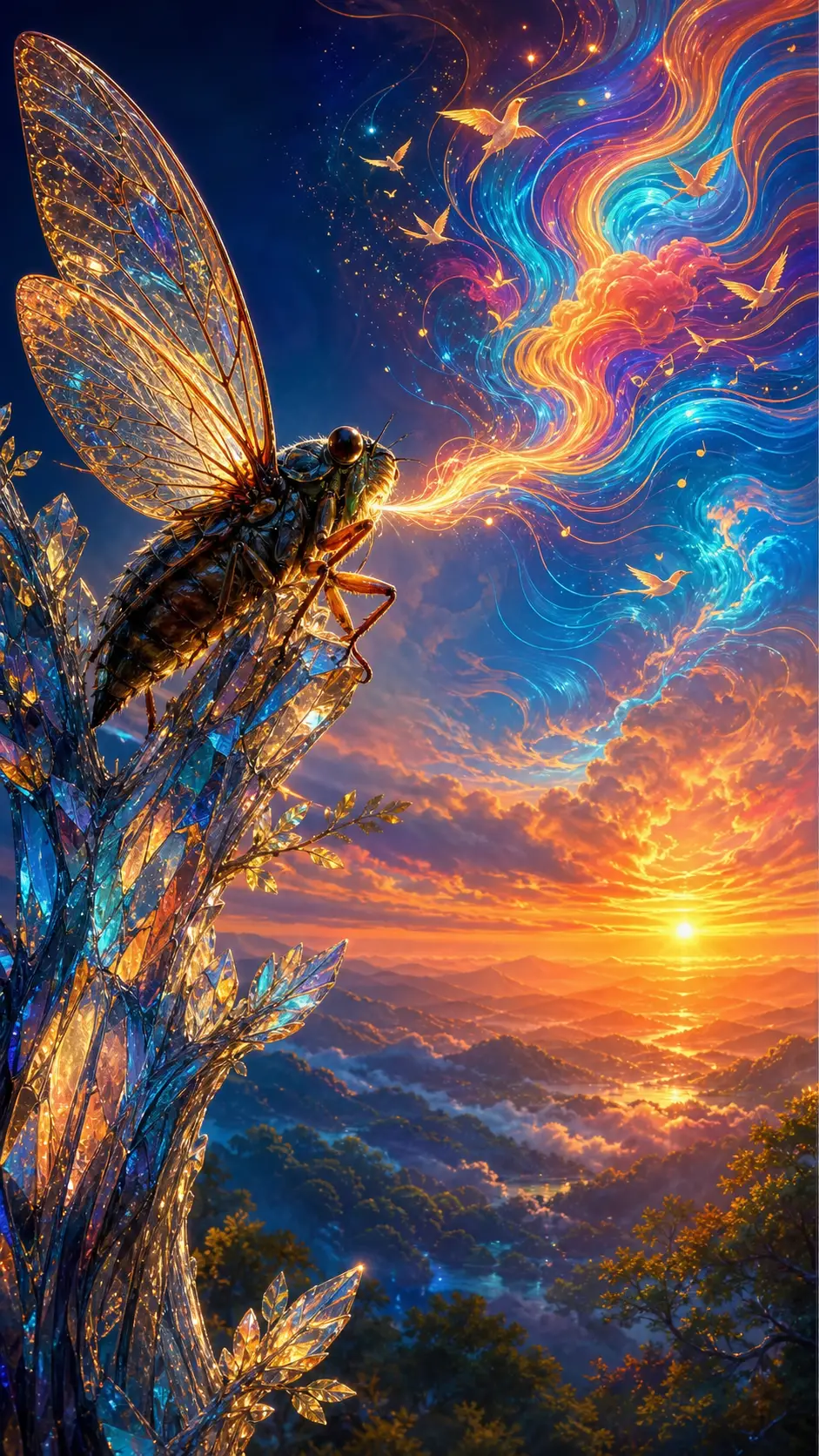 Cicada Singing Colorful Waves On A Crystal Tree