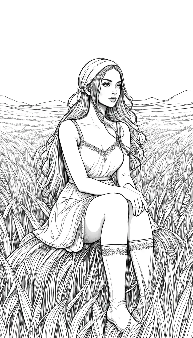 Ilustración lineal de joven en campo de trigo