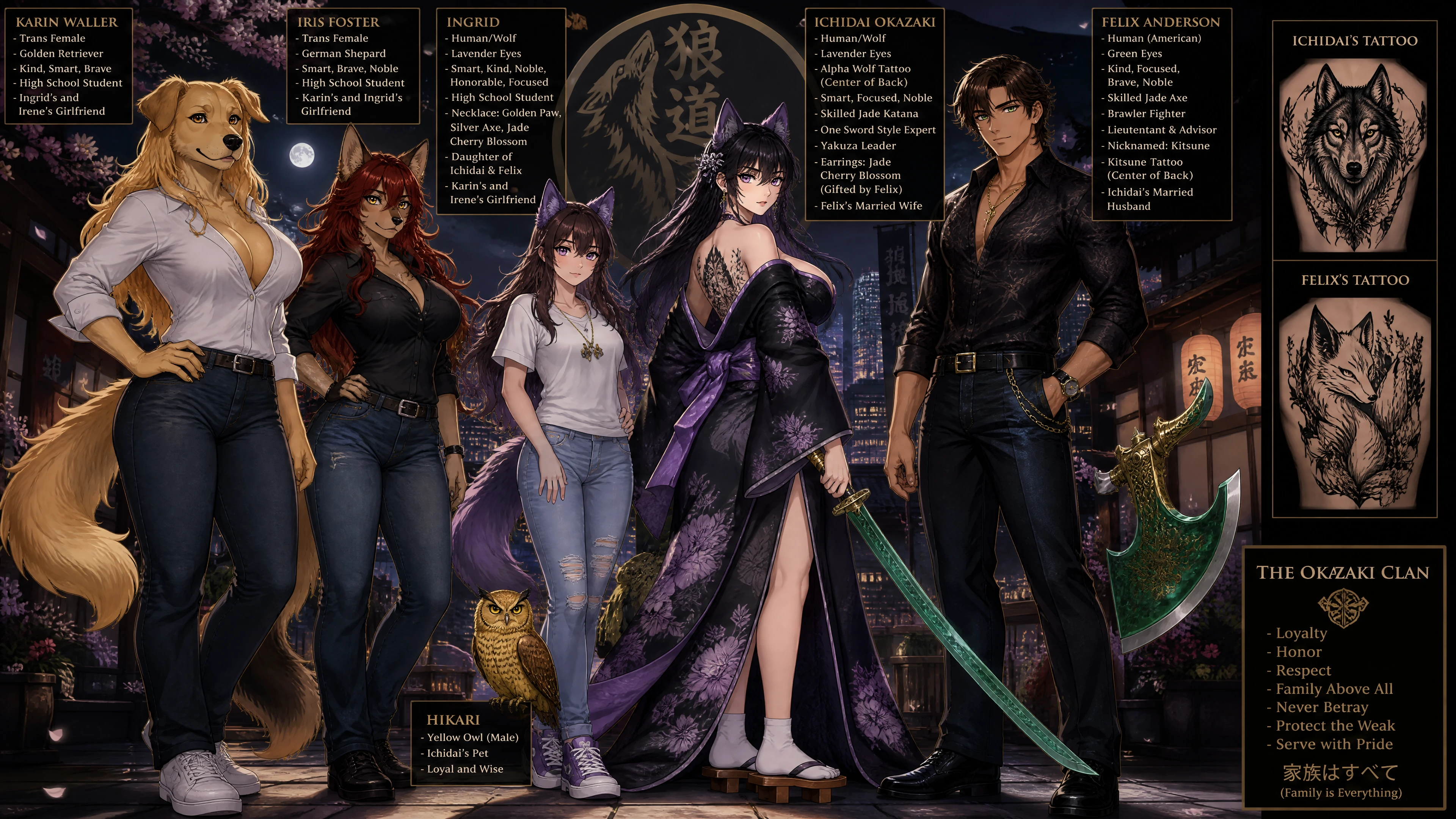 Mujer yakuza con orejas de lobo moradas en kimono con katana de jade