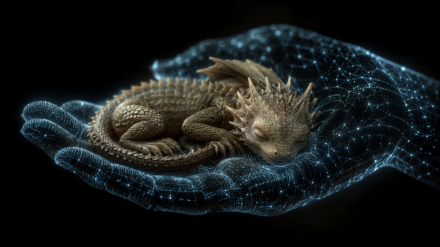 Mano digital acunando a un pequeño dragón dormido en la oscuridad