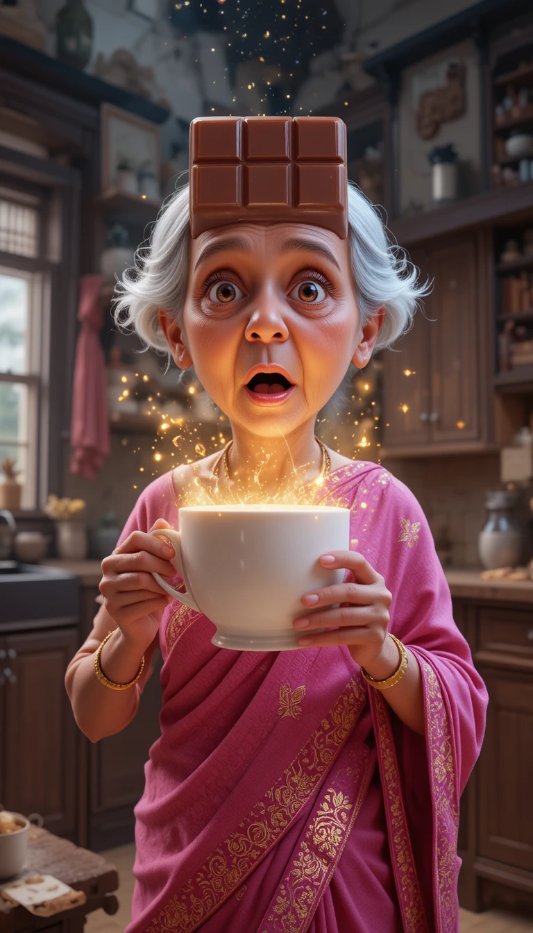 Abuela sorprendida cuando su taza de té se transforma en una enorme barra de chocolate