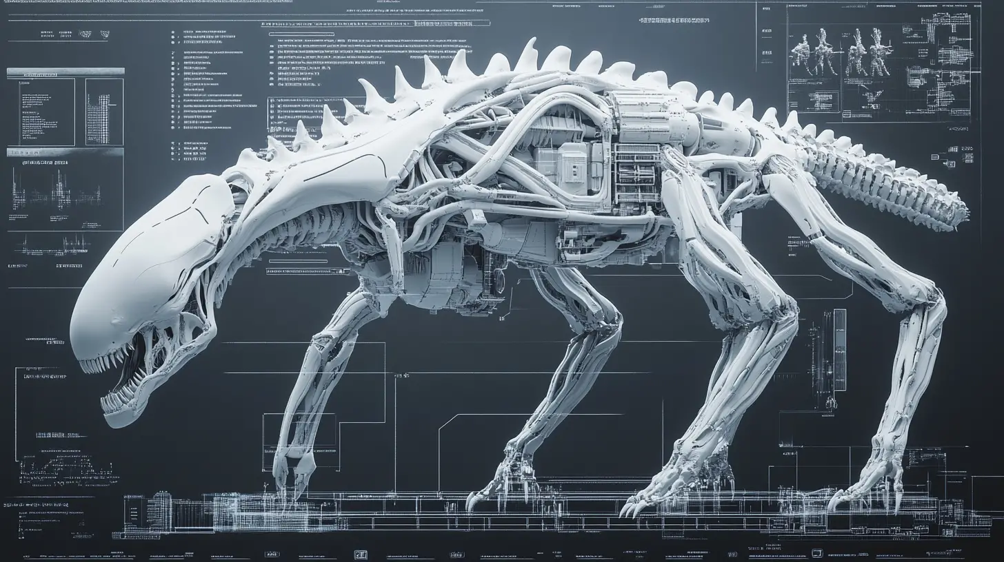 Alien exoskeleton battle mech in technical 3d diagram